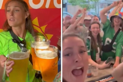 Watch Kylie Kelce fangirl over her future sister-in-law as she perfectly impersonates and belts out Taylor Swift’s iconic song while carrying three pitchers of beer.