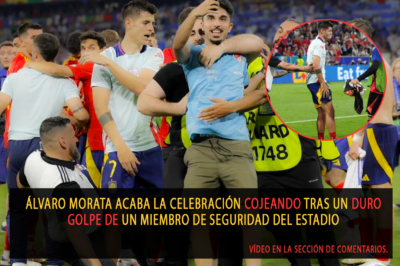 Álvaro Morata acaba la celebración cojeando tras un duro golpe de un miembro de seguridad del estadio